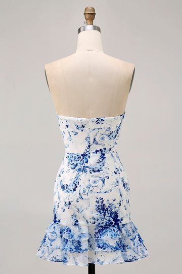 White Blue Flower Printed Bodycon Strapless Homecoming Dress